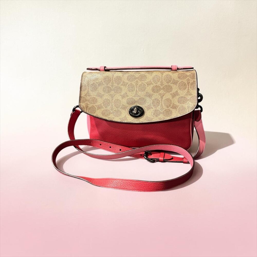the Coach Cassie Crossbody with Signature Canvas Blocking Pink And Red